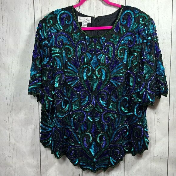 Laurence Kazar Vintage Silk Sequin Top Glam Partywear 3X Holiday Sparkle - Picture 1 of 16